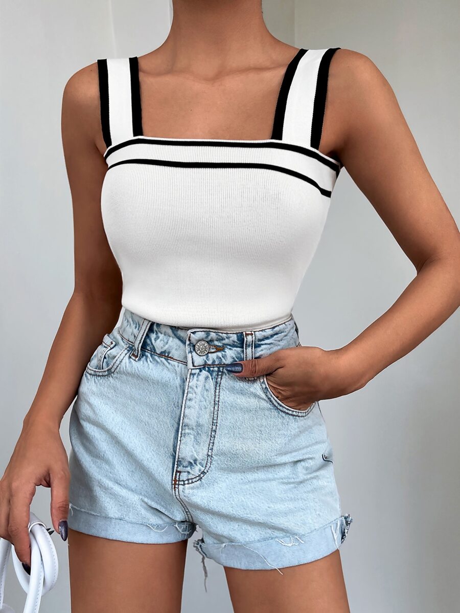 EURMUSE Contrast Binding Knit Top - White - View 1