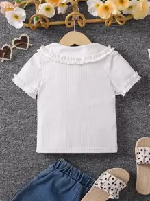SHEIN Genkimix Kids Young Girl Frill Trim Peter Pan Collar Half Button Ribbed Knit Tee - White - View 2