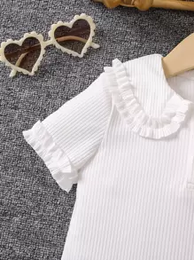 SHEIN Genkimix Kids Young Girl Frill Trim Peter Pan Collar Half Button Ribbed Knit Tee - White - View 3