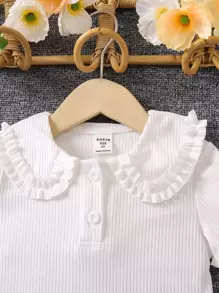 SHEIN Genkimix Kids Young Girl Frill Trim Peter Pan Collar Half Button Ribbed Knit Tee - White - View 4