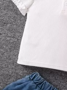 SHEIN Genkimix Kids Young Girl Frill Trim Peter Pan Collar Half Button Ribbed Knit Tee - White - View 5