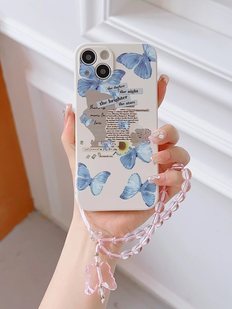 蝴蝶圖案手機殼附帶繩子 - 白色 - 查看 1