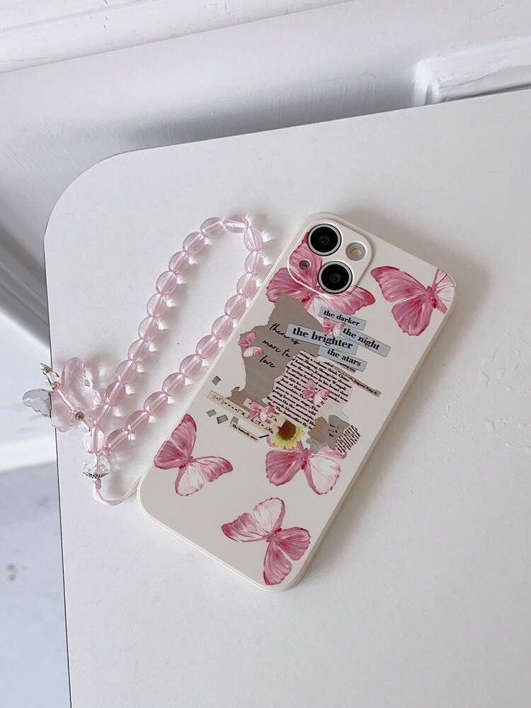 Blue/Pink/Black Butterfly- Illustration Phone Case + Crystal Wrist Strap Compatible With Apple Iphone