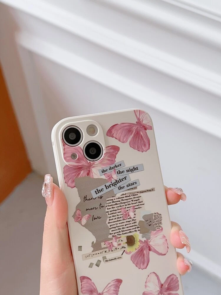 Blue/Pink/Black Butterfly- Illustration Phone Case + Crystal Wrist Strap Compatible With Apple Iphone