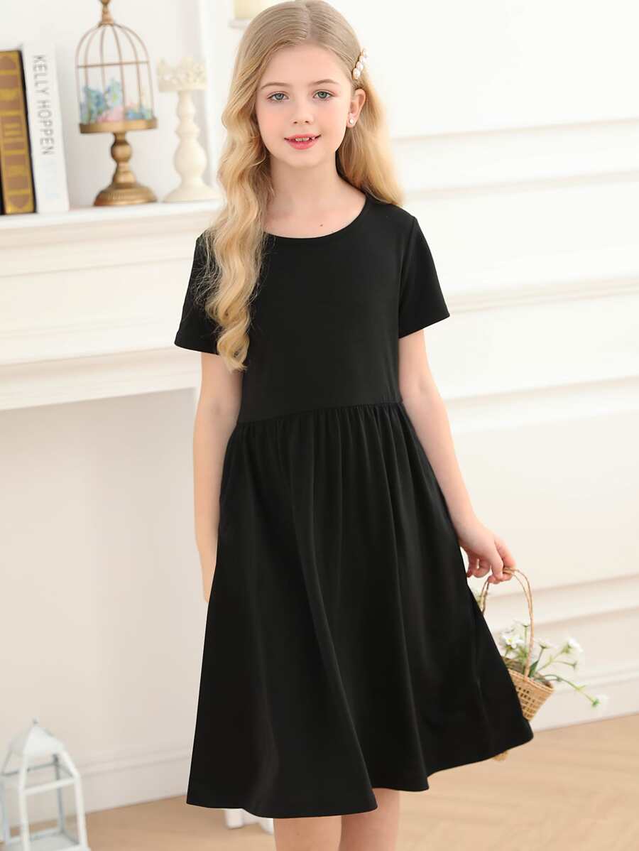 Girls Solid Smock Dress - Black - View 1