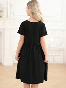 Girls Solid Smock Dress - Black - View 2