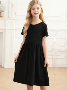 Girls Solid Smock Dress - Black - View 3