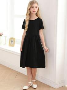 Girls Solid Smock Dress - Black - View 4