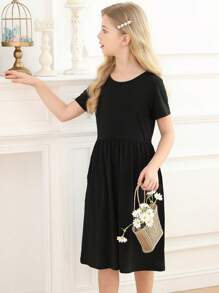 Girls Solid Smock Dress - Black - View 5