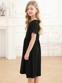 Girls Solid Smock Dress - Black - View 6