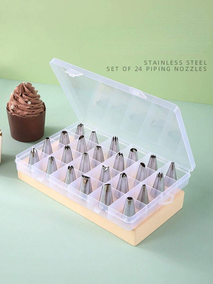 24pcs/set Stainless Steel Piping Nozzle, Silver Piping Tip, For Baking - Silver - View 1