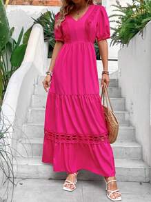 SHEIN VCAY Guipure Lace Insert Ruffle Hem Dress - Hot Pink - View 6