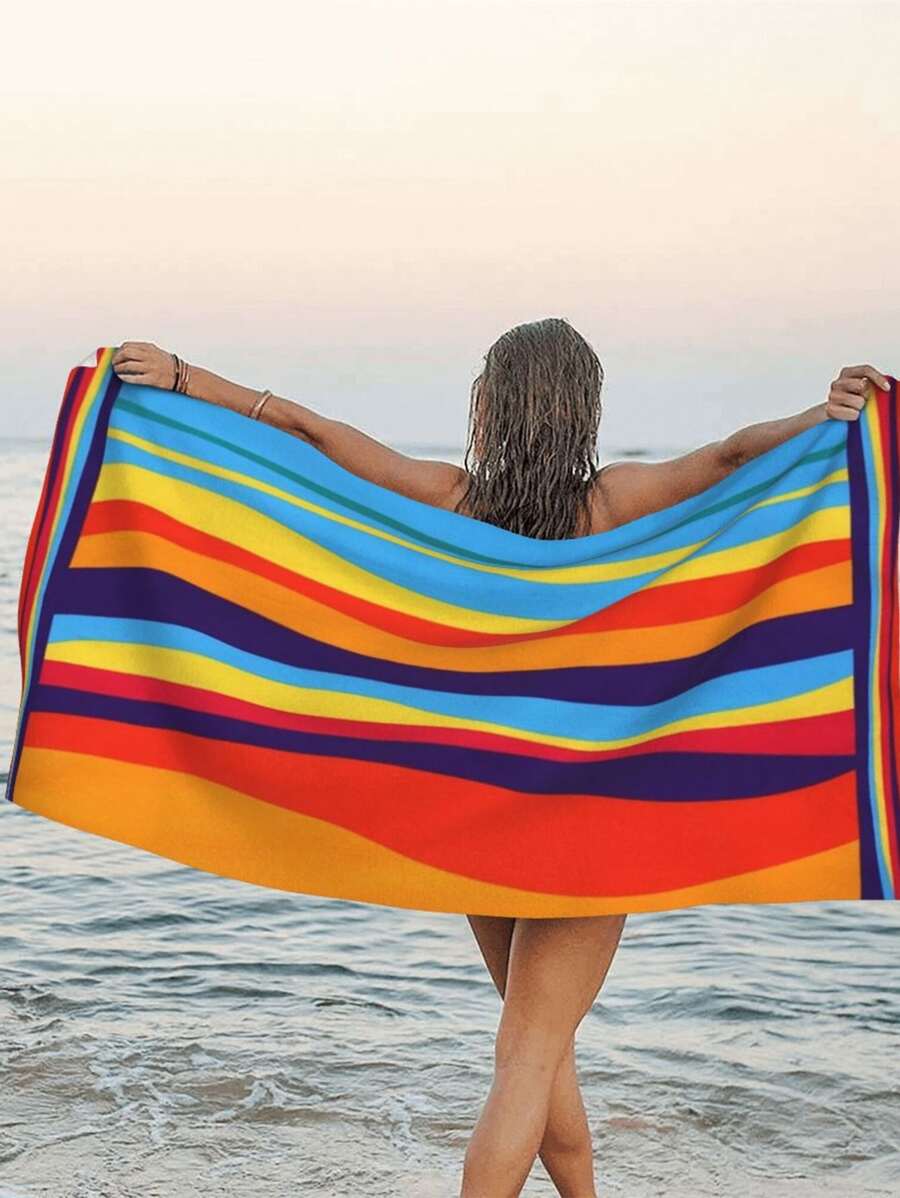 1入組條條紋圖案沙灘巾大號吸水沙灘巾適合旅行露營度假送禮 - 彩色 - 查看 1