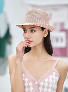 1pc Women Striped Print Fashionable Fedora Hat, For Decoration - Pink - View 2