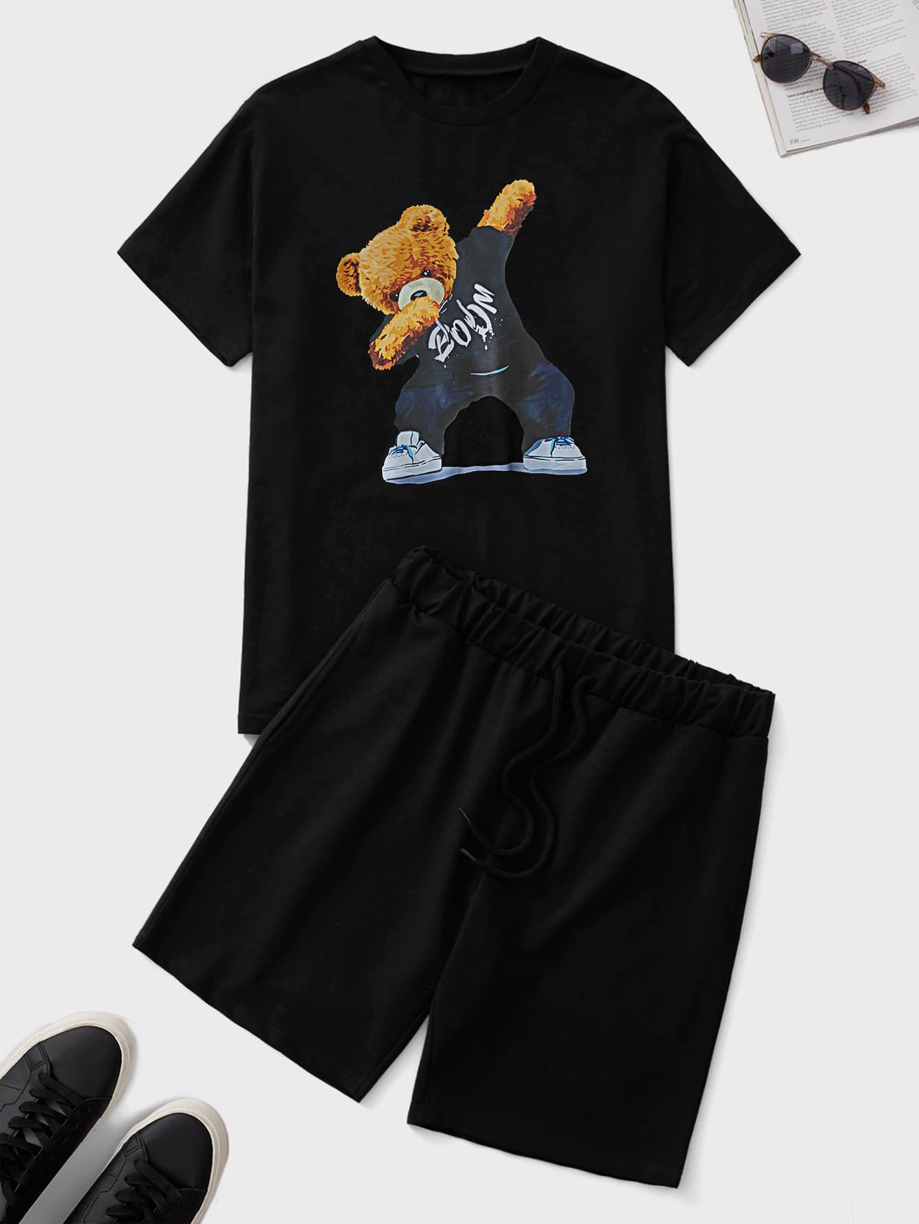 RueChic Homme Imprimé Ours T-shirt & À Cordon Short
