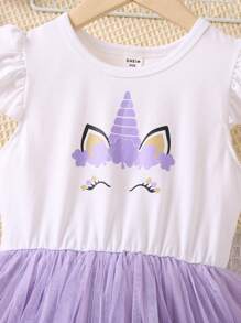 小女童獨角獸印花網紗拼接洋裝 - 彩色 - 查看 3