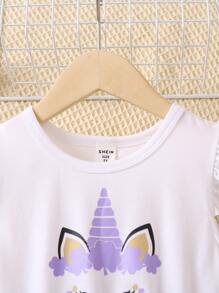 小女童獨角獸印花網紗拼接洋裝 - 彩色 - 查看 5