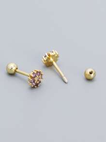 2pcs/set Cubic Zirconia Flower Decor Silver Stud Earring - Yellow Gold - View 3