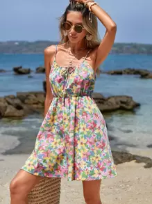 Cloudara Allover Floral Print Tie Front Cami Dress - Multicolor - View 2