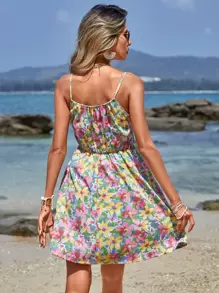 Cloudara Allover Floral Print Tie Front Cami Dress - Multicolor - View 4