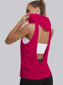 Easithlete Cut Out Backless Drawstring Hooded Sports Tank Top - Hot Pink - View 1