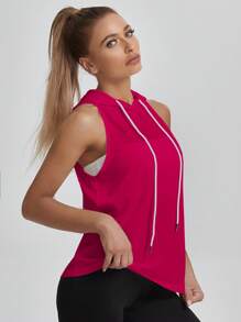 Easithlete Cut Out Backless Drawstring Hooded Sports Tank Top - Hot Pink - View 4