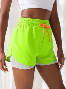 SHEIN Core Rhythm Pantalones cortos deportivos de cintura con cordón 2 en 1 con gráfico de letra, pantalones cortos con cordón, pantalones cortos de sudadera, pantalones cortos de gimnasia, pantalones cortos tipo ciclista para mujeres - Verde - Ver 5