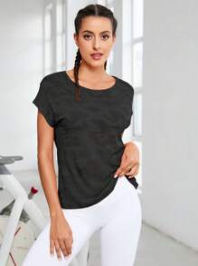 SHEIN Daily&Casual 迷彩印花蝙蝠袖運動T恤 - 黑色 - 查看 1