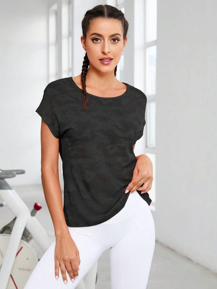 SHEIN Daily&Casual 迷彩印花蝙蝠袖運動T恤 - 黑色 - 查看 1