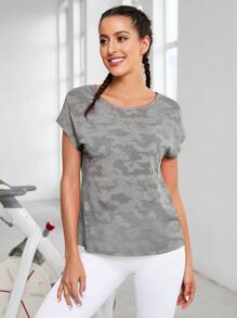 Yoga Basic 迷彩印花蝙蝠袖運動T恤 - 淺灰色 - 查看 4