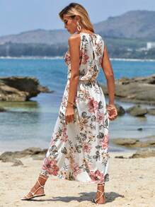 RueChic Floral Print Split Thigh Halter Dress - trắng - Xem 2