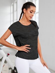 SHEIN Daily&Casual 迷彩印花蝙蝠袖運動T恤 - 黑色 - 查看 5