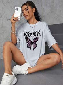 SHEIN EZwear Áo thun nữ Lá thư Loại bướm Giải trí - Màu Xám nhạt - Xem 3