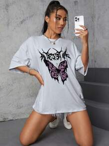 SHEIN EZwear Áo thun nữ Lá thư Loại bướm Giải trí - Màu Xám nhạt - Xem 5