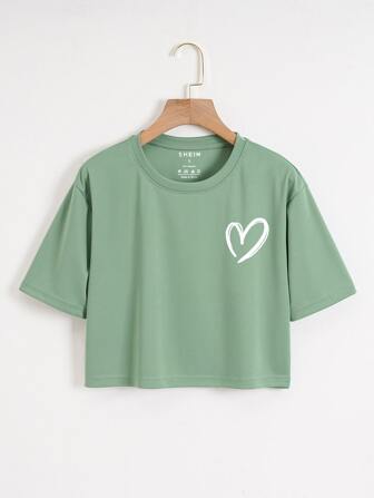 INAWLY Heart Print Crop Tee Graphic Tees Women Tops