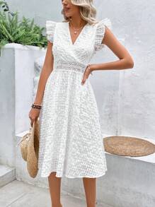 SHEIN VCAY Ruffle Trim Schiffy A-line Dress - White - View 3