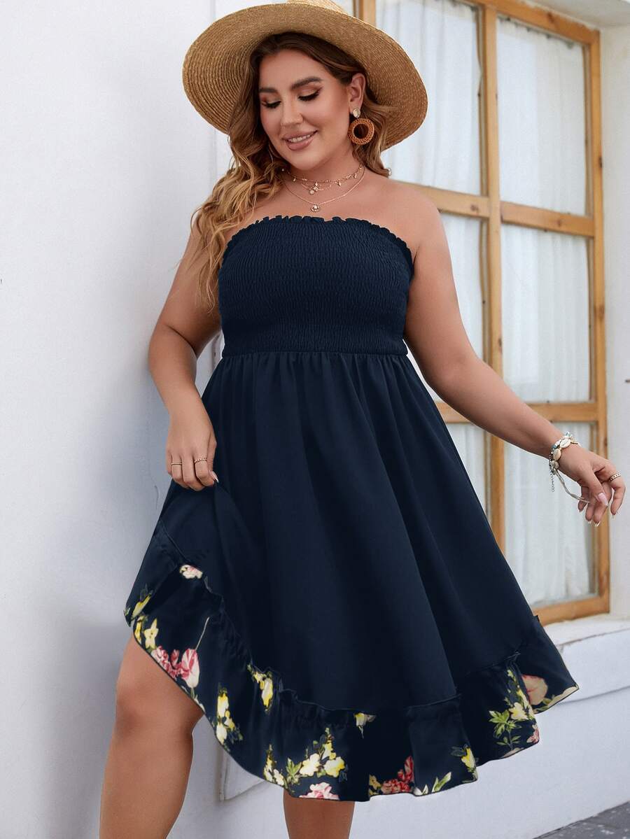 SHEIN Holidaya Vestido tubo con estampado floral bajo con fruncido - Azul Marino - Ver 1