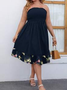 SHEIN Holidaya Vestido tubo con estampado floral bajo con fruncido - Azul Marino - Ver 3