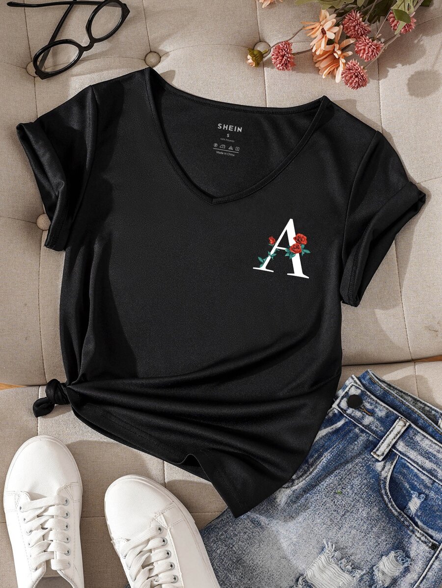 INAWLY 字母圖案T恤 - 黑色 - 查看 1