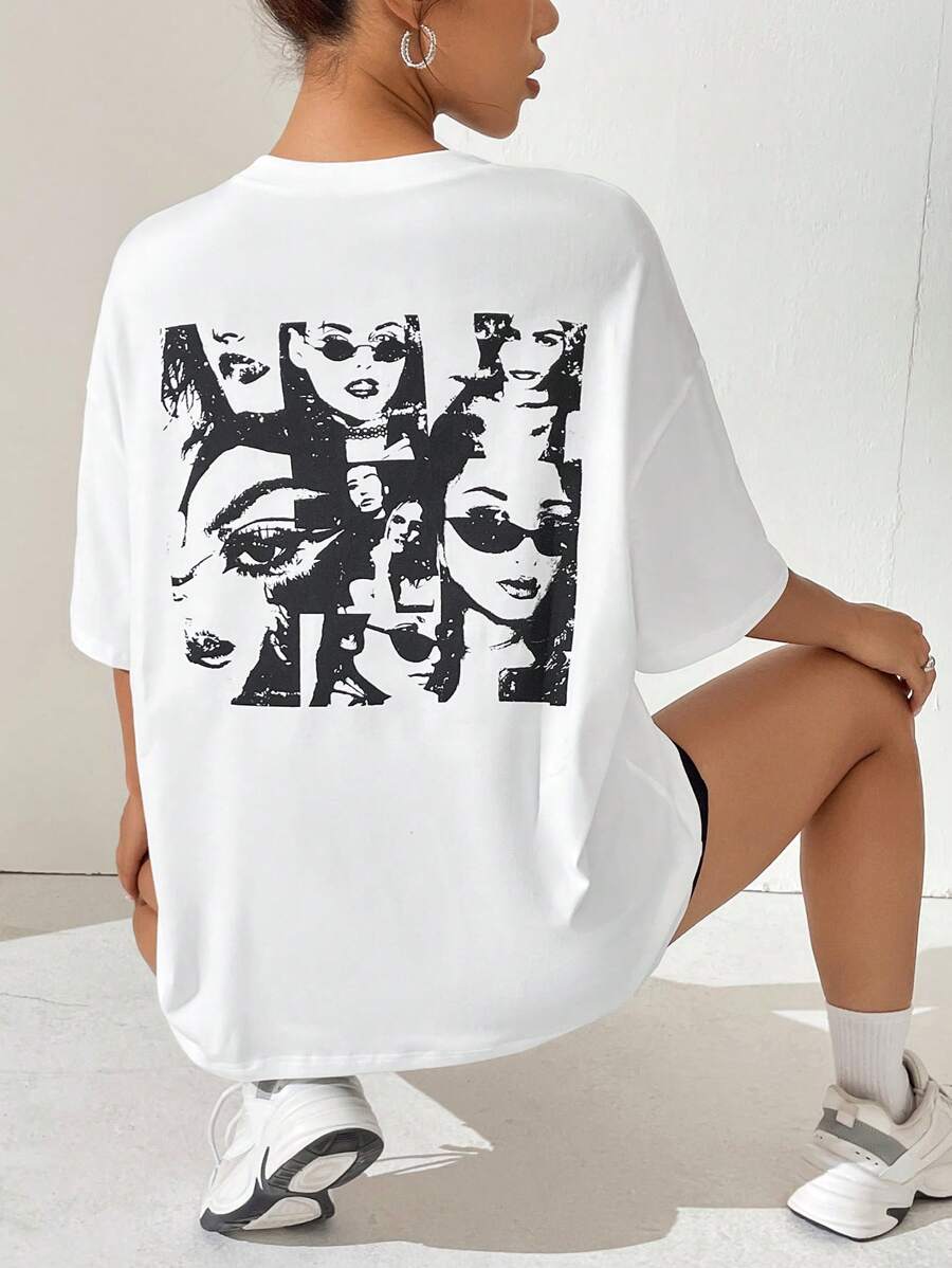 SHEIN EZwear 人像圖案落肩T恤 - 白色 - 查看 1
