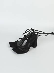 Giày sandal nữ buộc dây gót chunky, sandal quai mảnh màu đen giả da lộn thanh lịch, phù hợp cho trang phục xuân hè. - màu đen - Xem 5