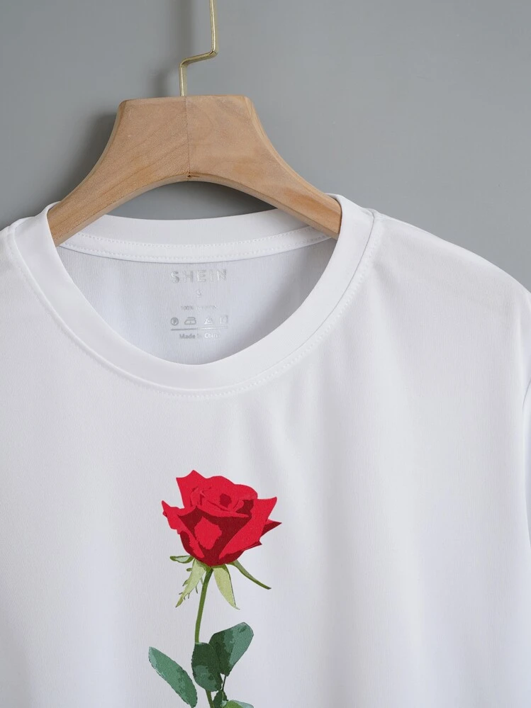 INAWLY פרחוני ואותיות גרפי קרופ טי גרפי חולצות נשים חולצות - לבן - ראה 3