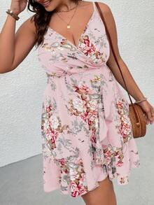 Calvaya Vestido de tirantes con estampado floral ribete con fruncido - Rosa - Ver 4