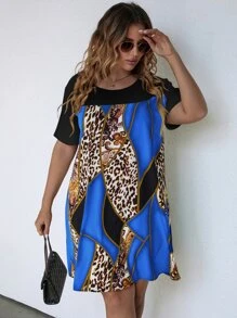 SHEIN LUNE Vestido túnico con estampado de leopardo de color combinado - Azul - Ver 1