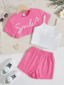 SHEIN Leap Crew Tween Girl Letter Graphic Cami Top & Tee & Shorts - Hồng - Xem 2