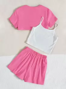 SHEIN Leap Crew Tween Girl Letter Graphic Cami Top & Tee & Shorts - Hồng - Xem 3