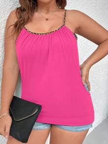 SHEIN Unity Áo hai dây Plus Size Tương phản ràng buộc In hoa Báo Giải trí - Màu Hồng Tươi - Xem 3
