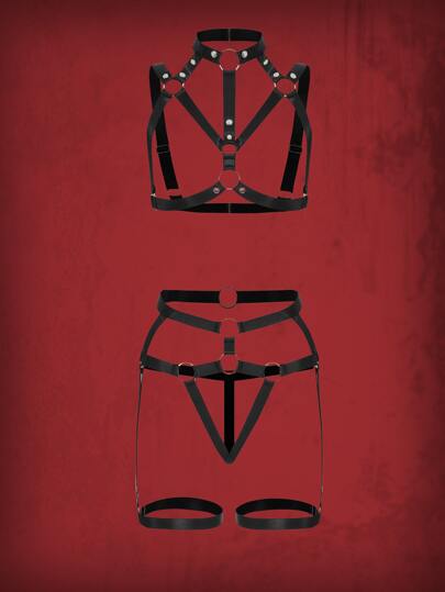 Grunge Punk Goth Ring Linked Harness Lingerie Set