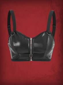 ROMWE Grunge Punk Zip Up PU Leather Bralette - Black - View 1