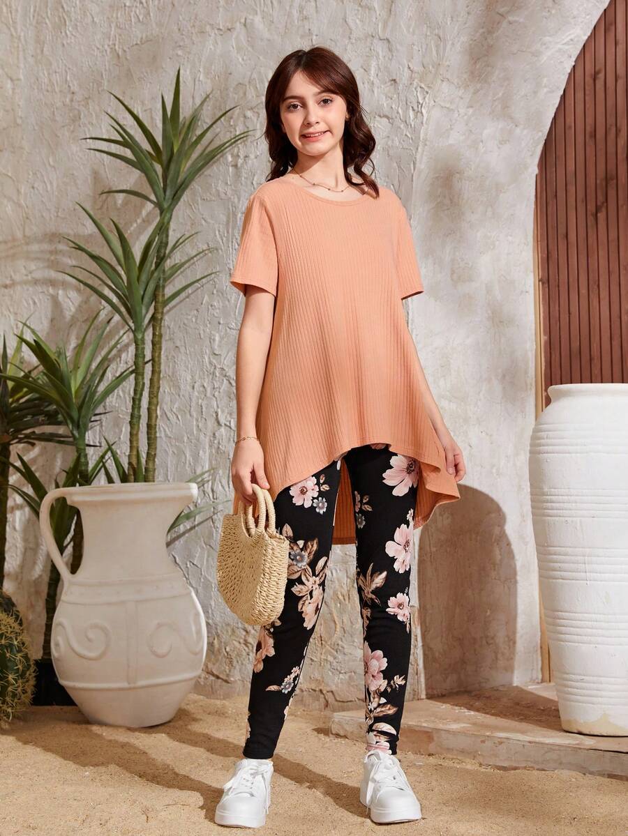 SHEIN Bộ hai mảnh Gái Cao thấp Gân đan Hoa Boho - Màu Cam san hô - Xem 1